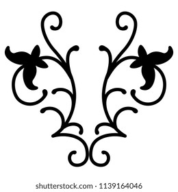 Isolated vector illustration. Abstract symmetrical floral decor made of two stylized branches with leaves or flowers. Black silhouette on white background.