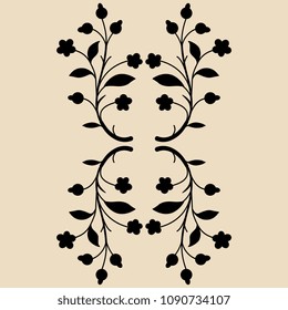 Isolated vector illustration. Abstract vertical floral decor. Stylized branches with flowers and berries. Folk style. Black silhouette on light beige background.