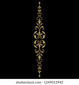 Isolated vector illustration. Abstract vertical floral decor or vignette with ornate vintage motifs. Golden silhouette on black background.