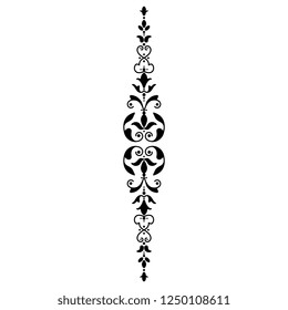 Isolated vector illustration. Abstract vertical floral decor or vignette with ornate vintage motifs. Black silhouette on white background.