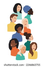 Isolated vector illustration of abstract women with different skin colors. Struggle for freedom, independence, equality. Concept for International Womens Day and other use