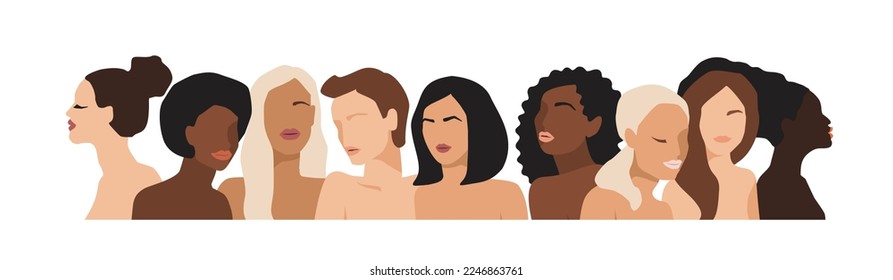 Isolated vector illustration of abstract women with different skin colors. Struggle for freedom, independence, equality. Concept for International Womens Day and other use