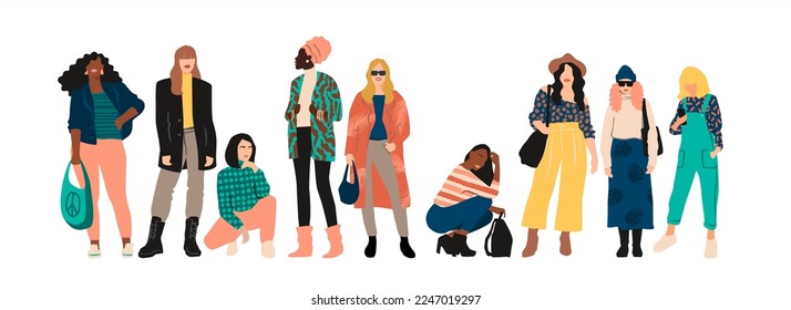 Isolated vector illustration of abstract women with different skin colors. Struggle for freedom, independence, equality. Concept for International Womens Day and other use