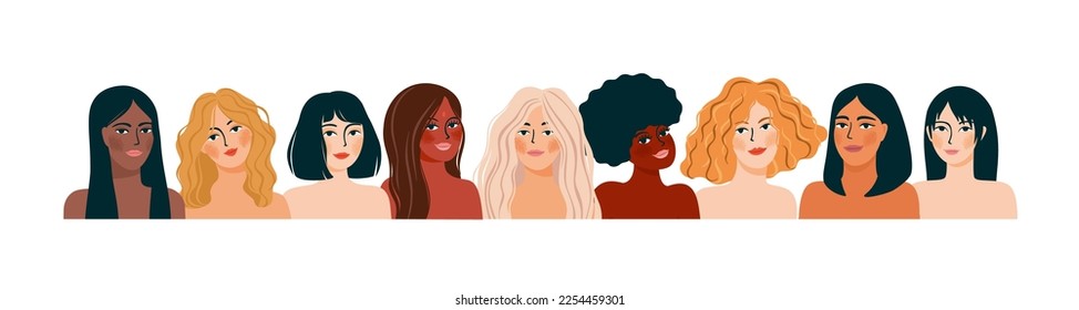 Ilustración vectorial aislada de mujeres abstractas con diferentes colores de piel. Lucha por la libertad, la independencia, la igualdad. Concepto del Día Internacional de la Mujer y otros usos