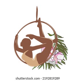 Ilustración vectorial aislada de un acróbata, intérprete de circo en un fondo blanco. Chica en un anillo acrobático para diseñador, clipart, logo, icono, postales, trucos, escuela de baile