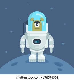 Isolated vector illustration of alien on the Moon. The alien in a spacesuit.