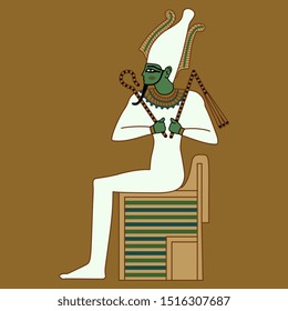 Isolated vector illustration. Ancient Egyptian god Osiris sitting on throne. Cartoon style.