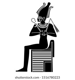 Isolated vector illustration. Ancient Egyptian god Osiris sitting on throne. Black and white silhouette.