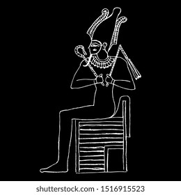 Isolated vector illustration. Ancient Egyptian god Osiris sitting on throne. Hand drawn linear sketch. White silhouette on black background.