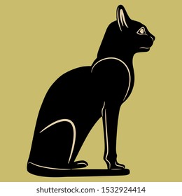 Isolated vector illustration. Ancient Egyptian sitting cat. Monochrome silhouette.