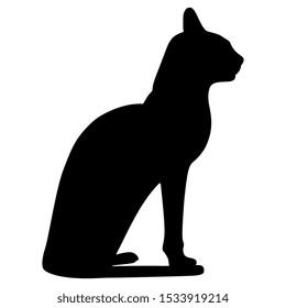 Isolated vector illustration. Ancient Egyptian sitting cat. Black silhouette on white background.