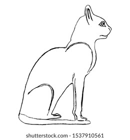 Isolated vector illustration. Ancient Egyptian sitting cat. Hand drawn linear sketch. Black silhouette on white background.