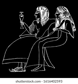 Isolated vector illustration. Ancient Egyptian couple. Seated man and woman. Hand drawn linear doodle sketch. White silhouette on black background.