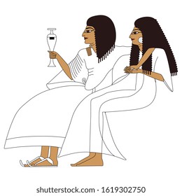 Isolated vector illustration. Ancient Egyptian couple. Seated man and woman.