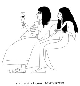 Isolated vector illustration. Ancient Egyptian couple. Seated man and woman. Black and white linear silhouette.