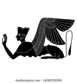 Isolated vector illustration. Ancient Egyptian sphinx. Fantastic winged monster creature. Half human half feline. Black and white silhouette.