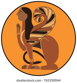 Isolated vector illustration of ancient Etruscan sphinx in a ring. Based on authentic antique image.