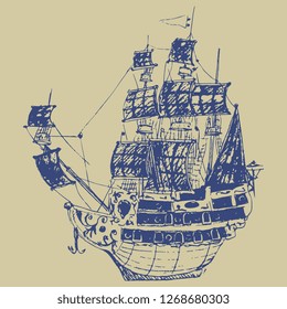 Isolated vector illustration. Ancient European sailing ship with green sails. Hand drawn linear sketch. Blue silhouette on beige background.