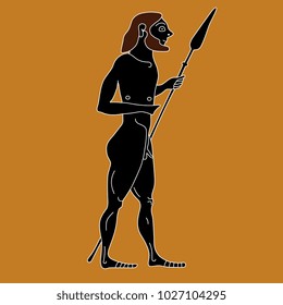 Isolated vector illustration of an ancient Greek warrior with a spear. Based on authentic vase painting image.