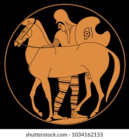 Isolated vector illustration. Ancient Greek scene with a horse and a man in a circle. Based on authentic vase painting motif.