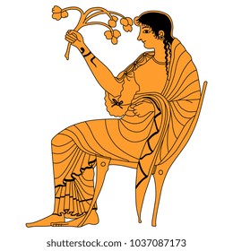 Isolated vector illustration of ancient Greek goddess Demeter or Persephone seated on a throne and holding a plant branch. Female archetype. Based on ethnic vase painting motif.