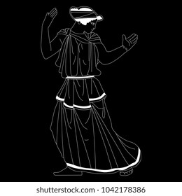 Isolated vector illustration of ancient Greek lady. Based on antique image of Helen of Troy. Linear black and white silhouette on gray background.
