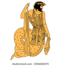 Isolated vector illustration. Ancient Greek mythological creature. King Cecrops (Kekrops). Half man half snake. Based on authentic old image.