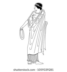 Isolated vector illustration of ancient Greek woman holding a rosary or necklace. Black and white linear silhouette.
