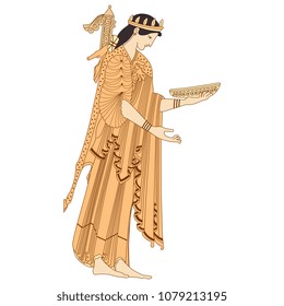 Isolated vector illustration. Ancient Greek goddess Artemis holding a bowl. Based on antique vase painting.
