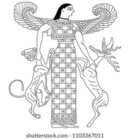 Isolated vector illustration of ancient Greek Goddess with two animals. Artemis Potnia Theron. Based on antique vase painting image. Black and white linear silhouette.