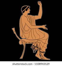 Isolated vector illustration of ancient Greek youth sitting on a chair. Based on antique vase painting motif. On black background.