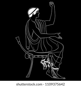 Isolated vector illustration of ancient Greek youth sitting on a chair. Based on antique vase painting motif. Black and white linear silhouette.