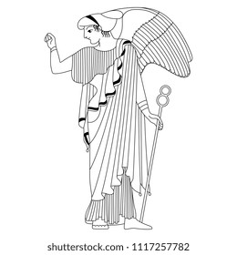 Isolated vector illustration. Ancient Greek goddess of victory Nike. Based on vase painting motif. Black and white linear silhouette.