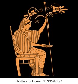 Isolated vector illustration. Ancient Greek beautiful woman or goddess seated on a chair and holding a staff and stylized flowers. Based on vase painting motif.