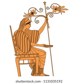 Isolated vector illustration. Ancient Greek beautiful woman or goddess seated on a chair and holding bowl, staff and stylized flowers. Based on vase painting motif.