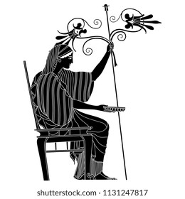 Isolated vector illustration. Ancient Greek beautiful woman or goddess seated on a chair and holding bowl, staff and stylized flowers. Based on vase painting motif. Black and white linear silhouette.