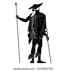 Isolated vector illustration of ancient Greek god Hermes. Based on antique vase painting motif. Black and white silhouette.