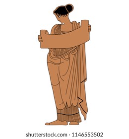 
Isolated Vector Illustration. Ancient Greek Woman Holding A Cradle Or A Scroll. Based On Vase Painting Motif.