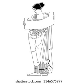 Isolated vector illustration. Ancient Greek woman holding a cradle or a scroll. Based on vase painting motif. Black and white linear silhouette.