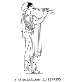 Isolated vector illustration. Ancient Greek girl playing the double flute. Based on antique vase painting motif. Black and white linear silhouette.