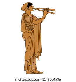 Isolated vector illustration. Ancient Greek girl playing the double flute. Based on antique vase painting motif.