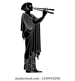 Isolated vector illustration. Ancient Greek girl playing the double flute. Based on antique vase painting motif. Black and white linear silhouette.