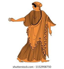Isolated vector illustration. Ancient Greek woman in long dress turning around. Based on antique vase painting motif. Cartoon style.