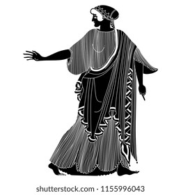 Isolated vector illustration. Ancient Greek woman in long dress turning around. Based on antique vase painting motif. Black and white linear silhouette.