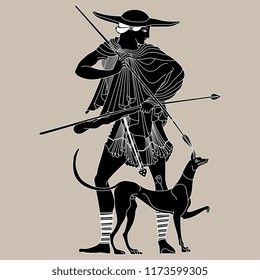 Isolated vector illustration. Ancient Greek young hunter with a dog. Black and white silhouette on gray background. Based on vase painting motif.