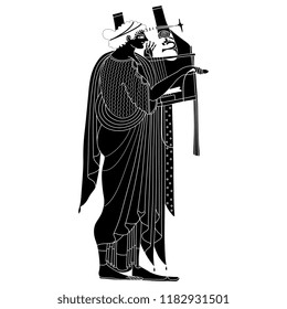 Isolated vector illustration. Ancient Greek god Apollo playing the lyre. Based on antique vase painting motif. Black and white linear silhouette.