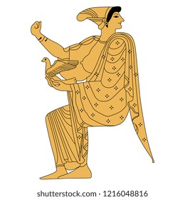 Isolated vector illustration. Ancient Greek seated goddess holding a bird. Hera or Aphrodite. Based on vase painting motif. Cartoon style.