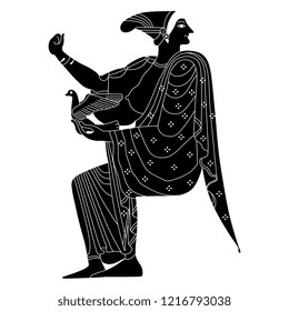 Isolated vector illustration. Ancient Greek seated goddess holding a bird. Hera or Aphrodite. Based on vase painting motif. Black and white linear silhouette.