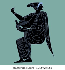 Isolated vector illustration. Ancient Greek seated goddess holding a bird. Hera or Aphrodite. Based on vase painting motif.