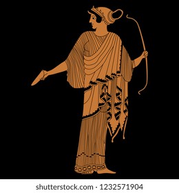 Isolated vector illustration. Ancient Greek female character. Standing goddess Artemis with a bow. Based on vase painting motif. Cartoon style. On black background.